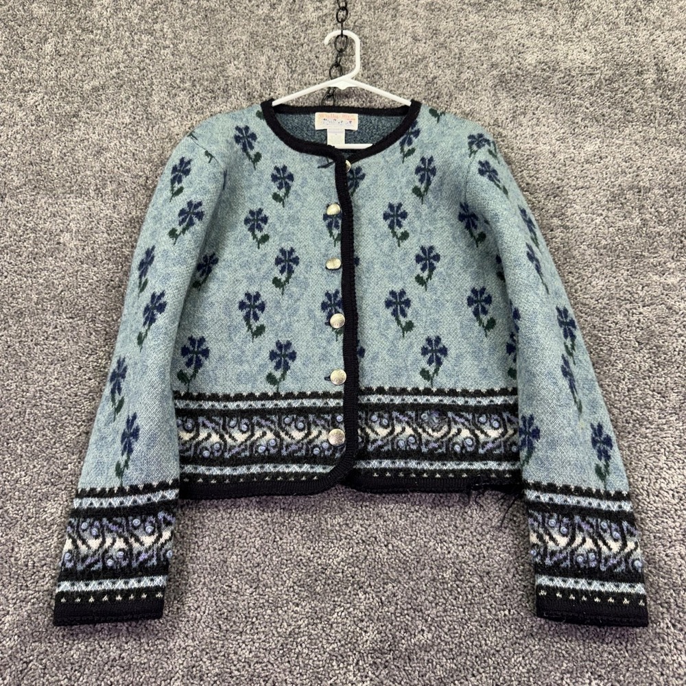 Vtg Tally Ho Sweater Cardigan Womens Medium Blue Wool Floral Knit Hong Kong